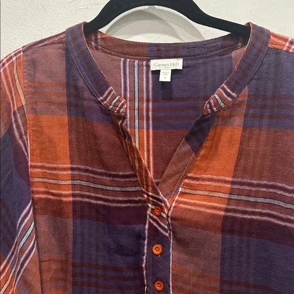 Garnet Hill Warm fall Plaid 100% organic Cotton Top blouse 3/4 sleeve size 8 - Picture 4 of 8
